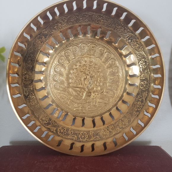 None Other - Vintage Brass Peacock Trivet Bowl